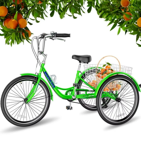 Lilypelle Adult Tricycle 7 Speed Adult Trikes 20-Inch,3 Wheel Bikes,Bike Seat with Backrest,Low Step-Through Aluminum Frame,Cargo Basket,Apple Green