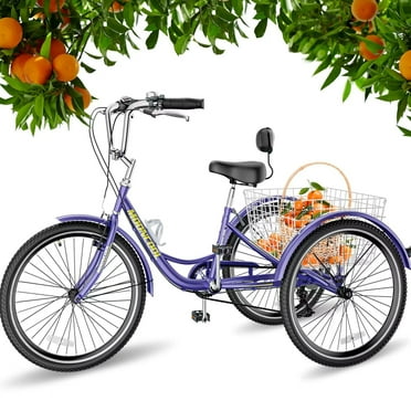 Lilypelle Adult Tricycle 7 Speed Adult Trikes 20 inch,3 Wheel Bikes with Backrest,Low Step-Through Aluminum Frame,Cargo Basket,Purple