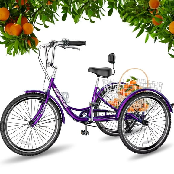 Lilypelle Adult Tricycle 7 Speed Adult Trikes 20 inch,3 Wheel Bikes with Backrest,Low Step-Through Aluminum Frame,Cargo Basket,Rose Purple