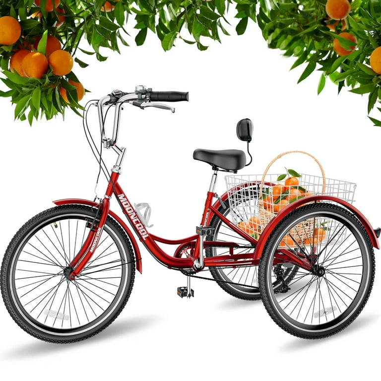 Lilypelle Adult Tricycle 7 Speed Adult Trikes 24 Inch 3 Wheel Bikes Bike Seat with Backrest Low Step Through Aluminum Frame Cargo Basket Wine Red