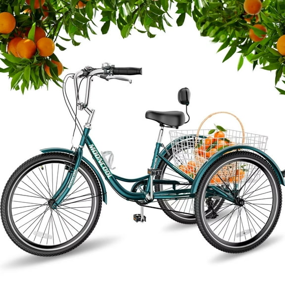 Lilypelle Adult Tricycle 7 Speed Adult Trikes 20-Inch,3 Wheel Bikes,Bike Seat with Backrest,Low Step-Through Aluminum Frame,Cargo Basket,Peacock Green