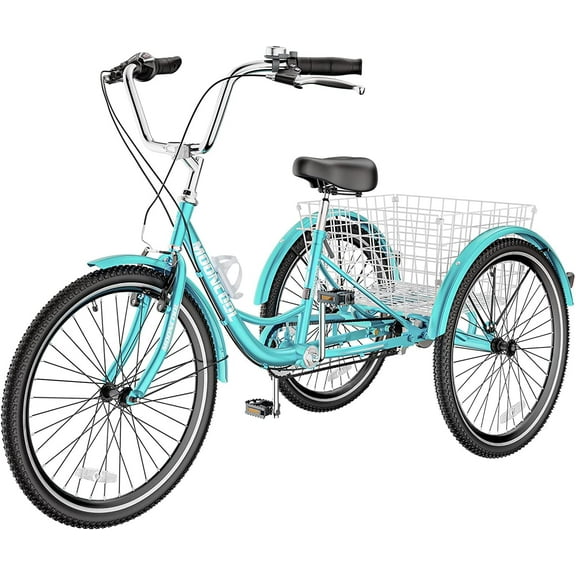 Lilypelle Adult Tricycles 1 Speed 24 inch Three Wheel Bike Cruiser Trike with Low-Step Through Frame/Large Basket for Men, Women, Seniors,Cyan