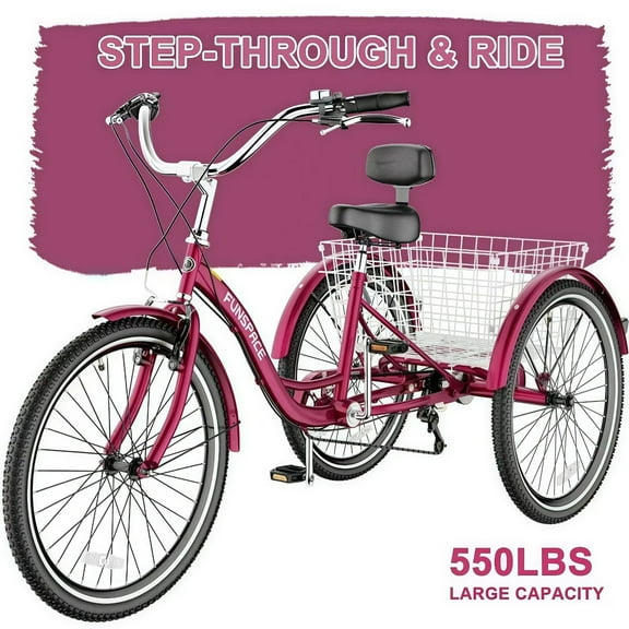 Lilypelle Adult Tricycles 7 Speed 26 inch Three Wheel Bike Cruiser Trike with Low-Step Through Frame/Large Basket for Men, Women, Seniors,Wide Rose Red