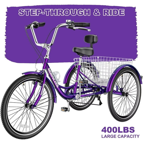 Lilypelle Adult Tricycles 7 Speed 26 inch Three Wheel Bike Cruiser Trike with Low-Step Through Frame/Large Basket for Men, Women, Seniors,Rose Purple