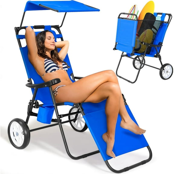 Lilypelle Beach Chair with Canopy Shade, Folding Beach Cart Chair w/Wheels, Outdoor Recliner Patio Lounge Chairs for Camp, Tailgates, Fishing - Support 400 LBS
