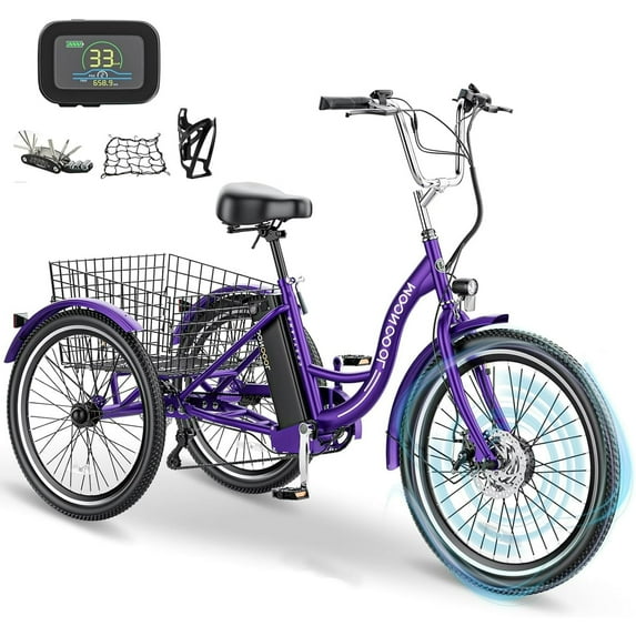 Lilypelle Electric Tricycle for Adults, 350W 36V Electric Trike Motorized Three Wheel Electric Bicycle, 7 Speeds 3 Wheels Adult Electric Tricycle with Large Basket,Purple