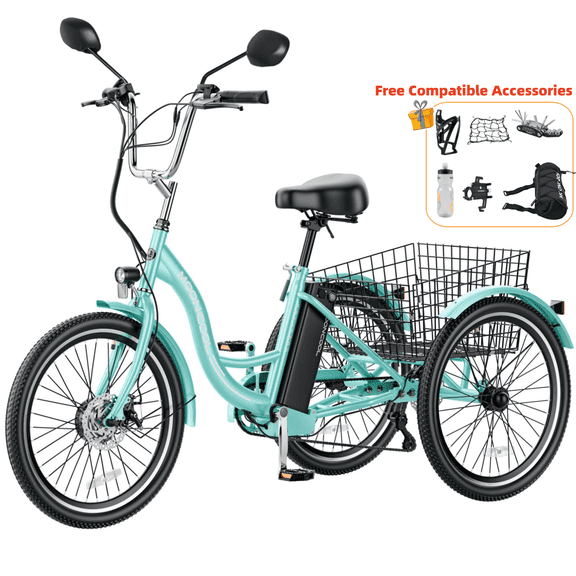 Lilypelle Electric Tricycle for Adults, 350W 36V Electric Trike Motorized Three Wheel Electric Bicycle, 7 Speeds 3 Wheels Adult Electric Tricycle with Large Basket,Cyan