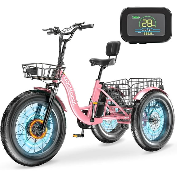 Lilypelle Electric Trike for Adults,15.5MPH 500W 48V 14.5Ah Lithium Battery, 7-Speed Aluminum Ebike 3 Wheels Bike with Front&Rear Baskets，20x4in Fat Tire E-Trike