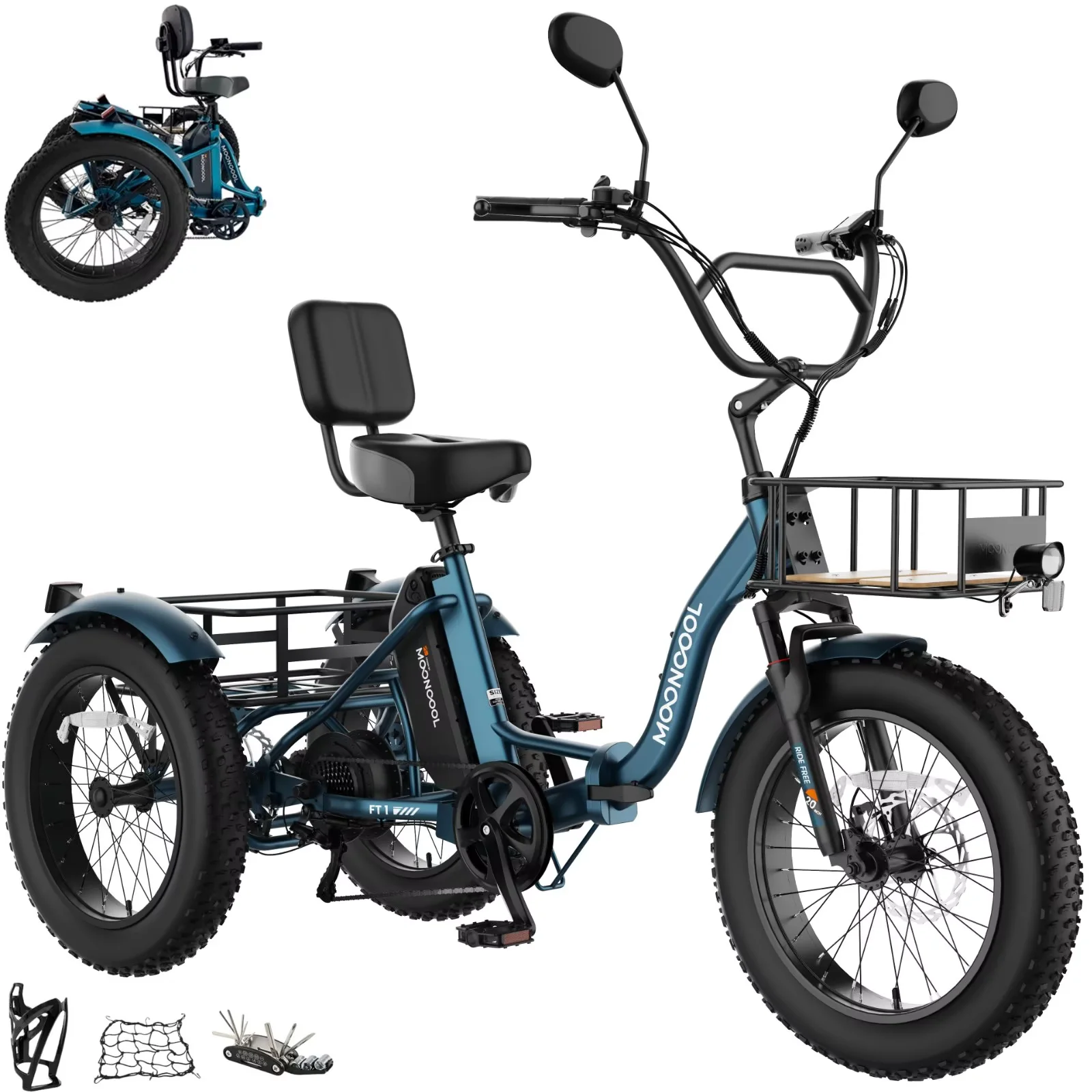 Lilypelle Peak 1100w Folding Electric Tricycle for Adults, 7 Speed 20" x 4.0 " Fat Tire 3 Wheel Aluminum Electric Bike W/ Differential & Suspension Fork, 48V 14.5Ah Battery, Up to 60Miles, 16Mph