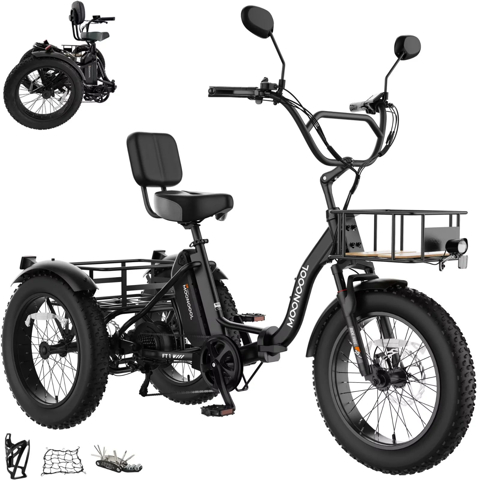 Lilypelle Peak 1100w Folding Electric Tricycle for Adults, 7 Speed 20" x 4.0 " Fat Tire 3 Wheel Aluminum Electric Bike W/ Differential & Suspension Fork, 48V 14.5Ah Battery, Up to 60Miles, 16Mph