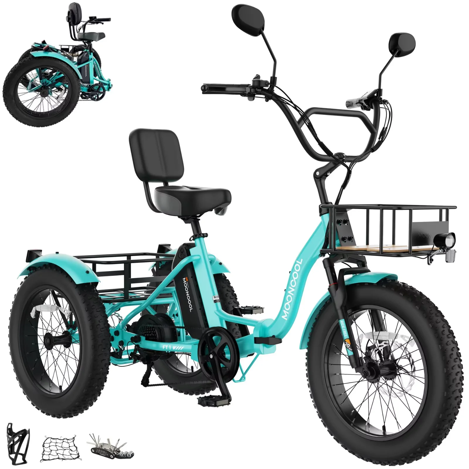 Lilypelle Peak 1100w Folding Electric Tricycle for Adults, 7 Speed 20" x 4.0 " Fat Tire 3 Wheel Aluminum Electric Bike W/ Differential & Suspension Fork, 48V 14.5Ah Battery, Up to 60Miles, 16Mph