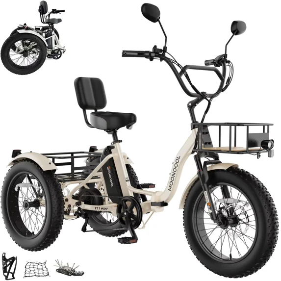 Lilypelle Peak 1100w Folding Electric Tricycle for Adults, 7 Speed 20" x 4.0 " Fat Tire 3 Wheel Aluminum Electric Bike W/ Differential & Suspension Fork, 48V 14.5Ah Battery, Up to 60Miles, 16Mph