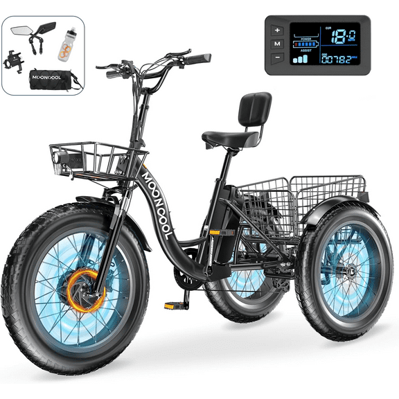 Lilypelle Peak 1100w Electric Tricycle for Adults, 7 Speed 20" x 4.0 " Fat Tire 3 Wheel Electric Bike, 48V 14.5Ah Removable Battery, Aluminum Motorized MountainTrike W/ Front & Rear Basket  & Cover