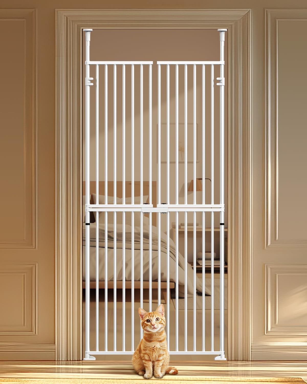Lilypelle Extra Tall Cat Pet Gate, Adjustable 25.59"-28.35" Width 74.8-96.5 Inch Height, No Drilling Pressure Mounted, Walk Through Swing Safety Double Door Gate for Doorways, Stairs, Kitchen, House