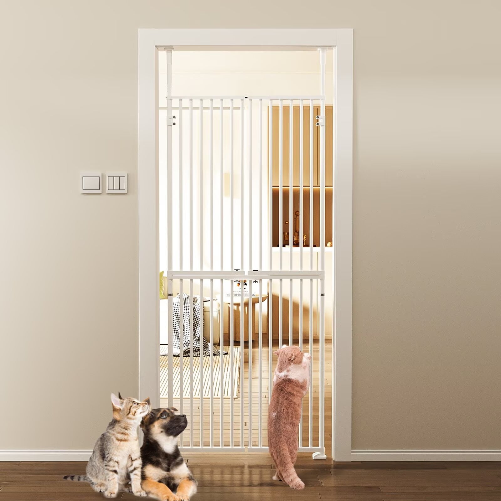 Lilypelle Extra Tall Cat Pet Gate, Adjustable 29.5-32 Inch Width 74.8-96.5 Inch Height, No Drilling Pressure Mounted, Walk Through Swing Safety Double Door Gate for Doorways, Stairs, Kitchen, House