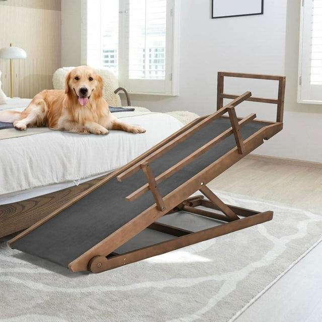 Lilypelle Foldable Pet Ramp,Adjustable Wood Dog Ramp with 5 Adjustable Heights of 17.7"-31.4" ，62.9"L X17.7"W,Brown