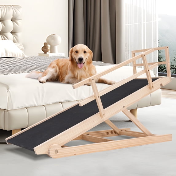 Lilypelle Foldable Pet Ramp,Adjustable Wood Dog Ramp with 5 Adjustable Heights of 17.7"-31.4" ,62.9"L X17.7"W,Yellow