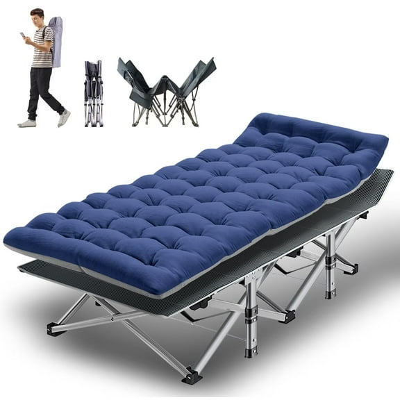 Lilypelle Folding Cot with Mattress,Heavy Duty Sleeping Cots with Carry Bag,Double Layer Oxford Portable Folding Camping Cot for Home ,Office Nap and Outdoor Beach，Stripe Blue