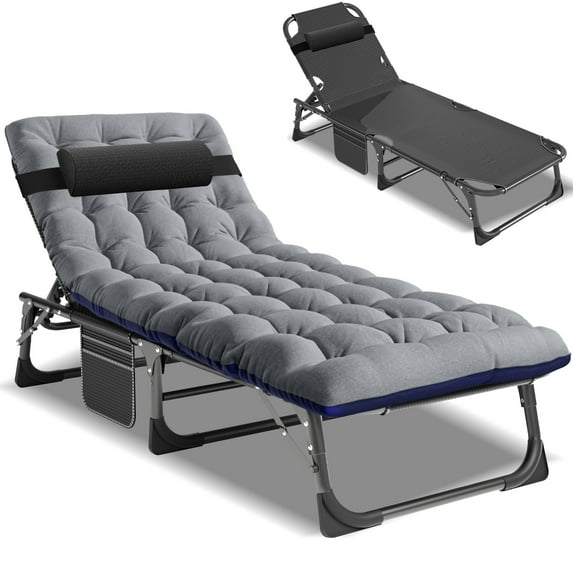 Lilypelle Folding Lounge Chair for Adults, Adjustable 4-fold Reclining Folding Chaise with Pillow, Outdoor Portable Sleeping Cots,Blue