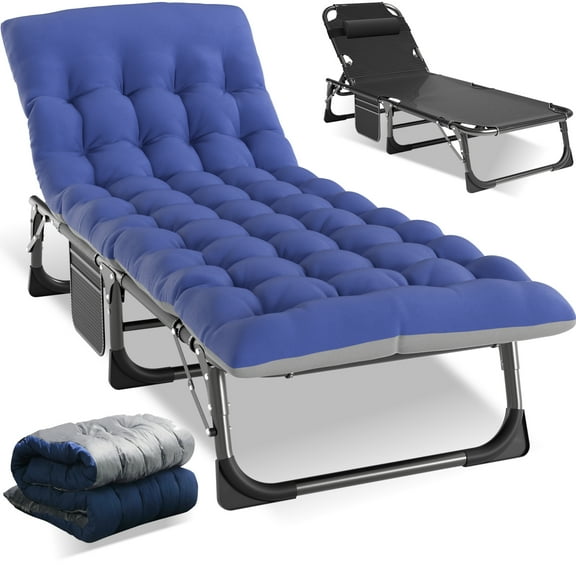 Lilypelle Folding Lounge Chair for Adults, Adjustable 4-fold Reclining Folding Chaise with Pillow, Outdoor Portable Sleeping Cots,Blue
