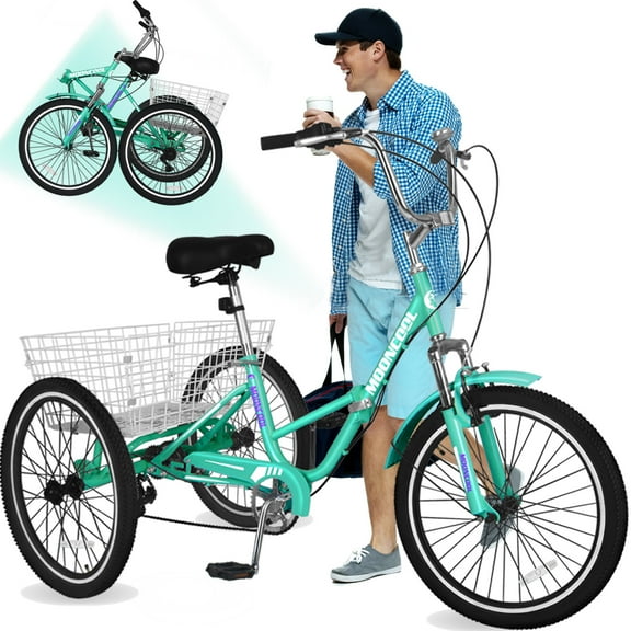 Lilypelle Folding Tricycle, 20" Three Wheel Bicycle for Adult, 7 Speed Adult Tricycle,Trike Cruiser With Big Basket for Exercise Shopping Picnic Outdoor Activities,Cyan