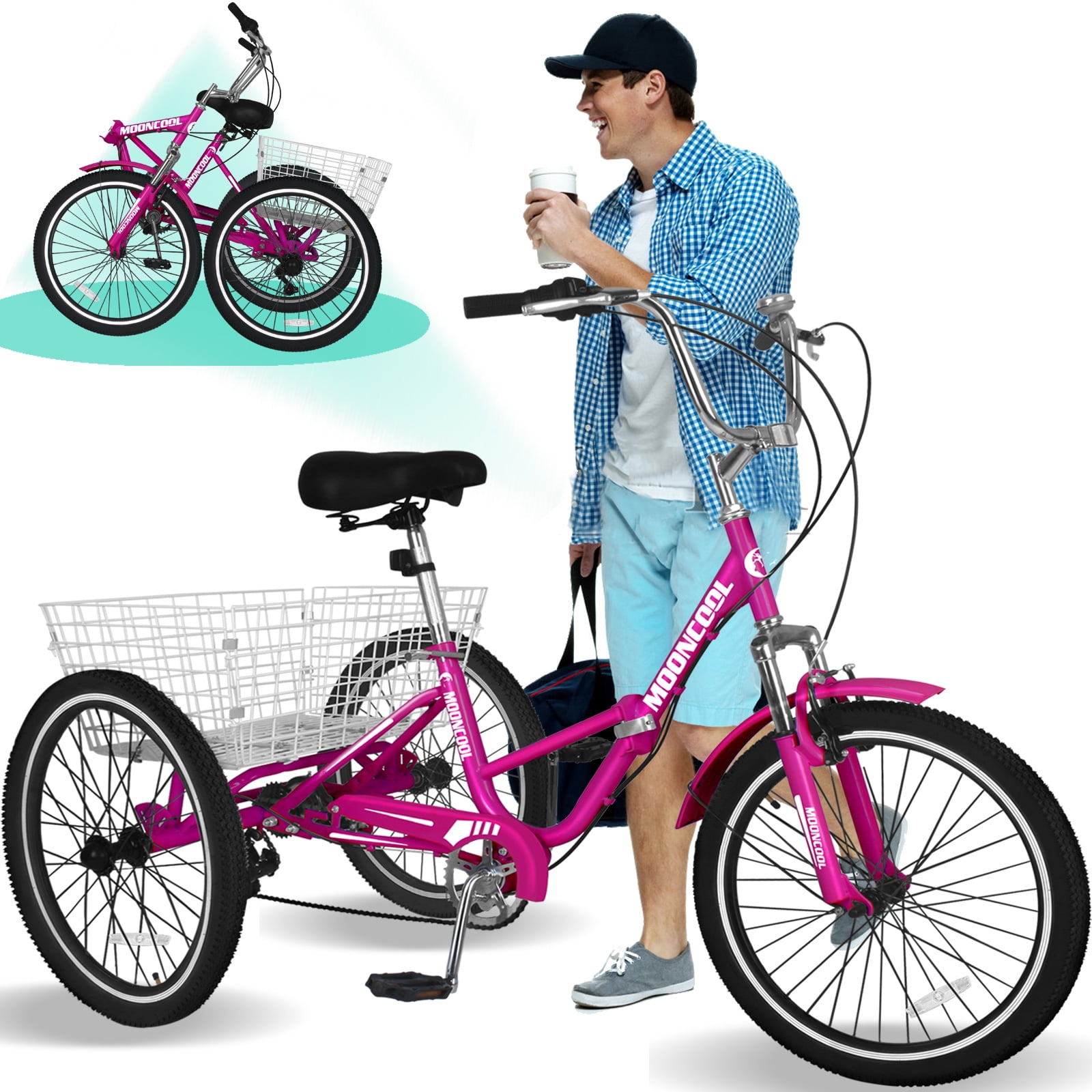 Tricycle de 20 Pouces pour Adultes - 7 Vitesses, Pliable, 3 Roues, Pneus Épais pour Homme et Femme, Senior avec Frein à Disque Cruiser, Serrure et 2 Paniers (Bleu Tricycle de 20 Pouces pour Adultes - 7 Vitesses, Pliable, 3 Roues, Pneus Épais pour Homme et Femme, Senior avec Frein à Disque Cruiser, Serrure et 2 Paniers (Bleu