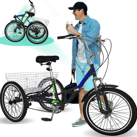Lilypelle Folding Tricycle, 20" Three Wheel Bicycle for Adult, 7 Speed Adult Tricycle,Trike Cruiser With Big Basket for Exercise Shopping Picnic Outdoor Activities,Black