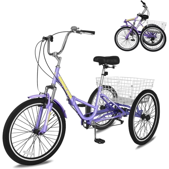 Lilypelle Folding Tricycle for Adult , 20/24/26in Wheel 7-Speed Unisex Three Wheel Cruiser Bike