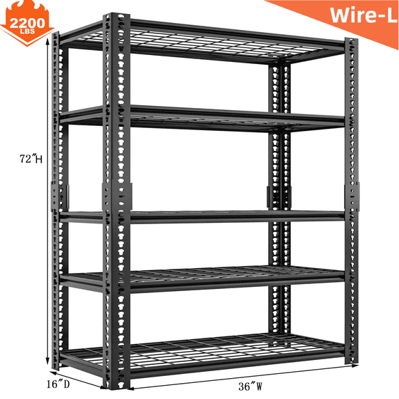 Lilypelle Garage Adjustable 5-Tiers Metal 16"W x 16.1"D x 72"H Storage Shelf Unit, Holds up to 2000 lb Maximum Load Weight, Black