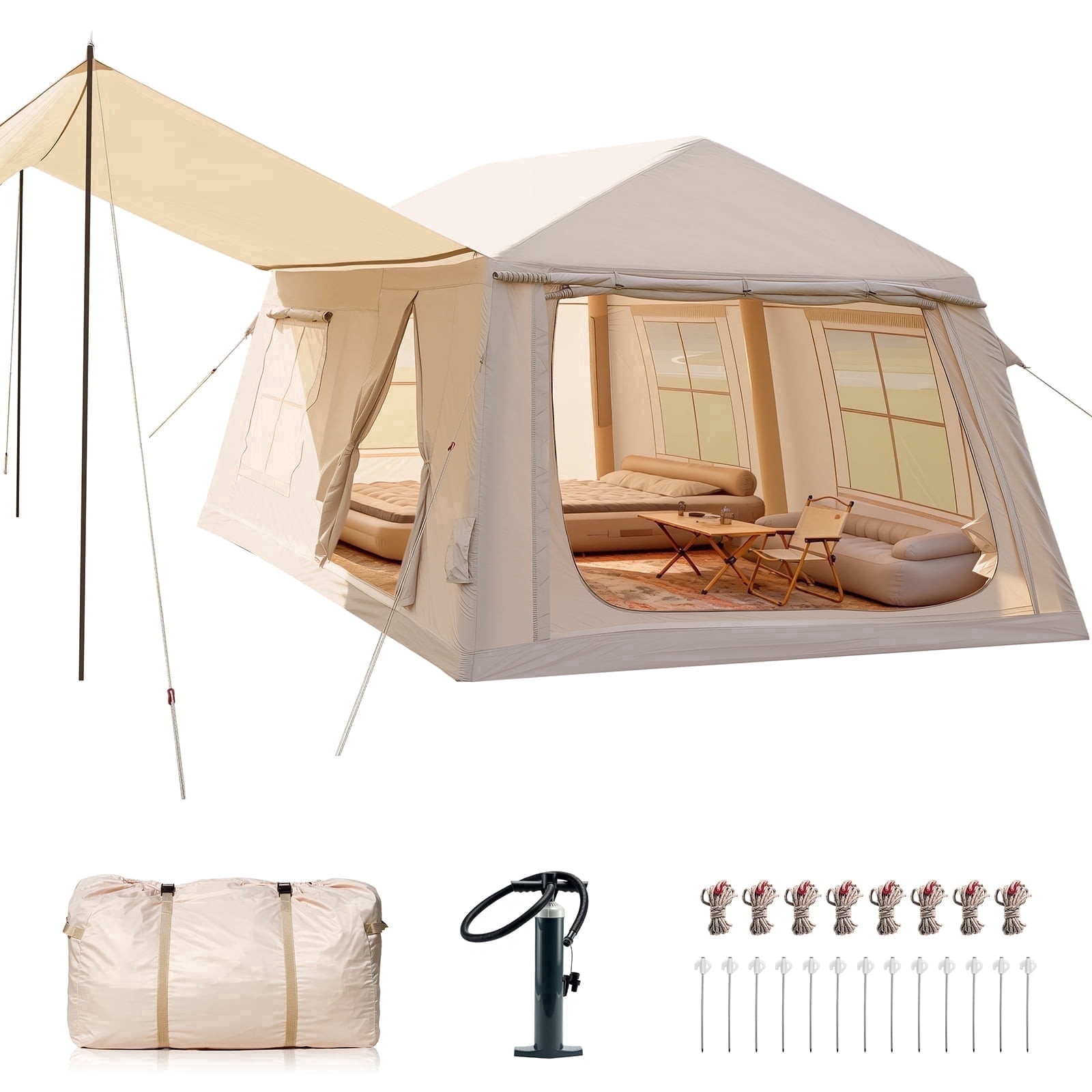 Lilypelle 8-10 Person Blow Up Inflatable Tent, with Removable Canopy and Stove Jack, 2 Room Instant Setup Air Cabin, Waterproof Oxford Hot Camping Tent for Family Glamping