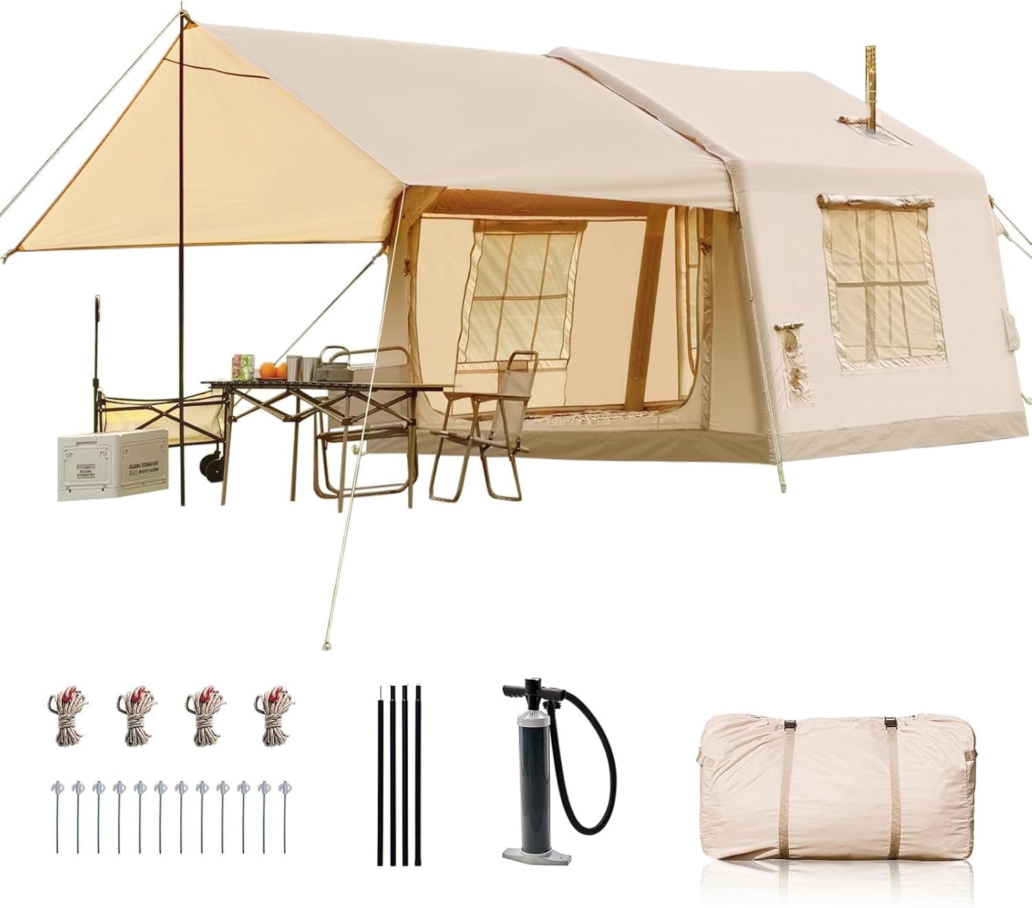 Lilypelle 4-6 Person Blow Up Inflatable Tent with Canopy, Hot Tent with Stove Jack, Easy Setup Air Camping Tent with Hand Pump, Waterproof Inflatable House for Family Glamping