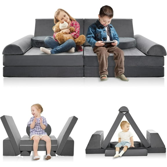 Lilypelle Kids Couch Sofa Modular Toddler Couch for Bedroom Playroom, 10-pcs 62.9"(L)x31.4"(W)x20"(H) Fold Out Couch Play Set，Children Convertible Sofa Kids Foam Couch, Grey