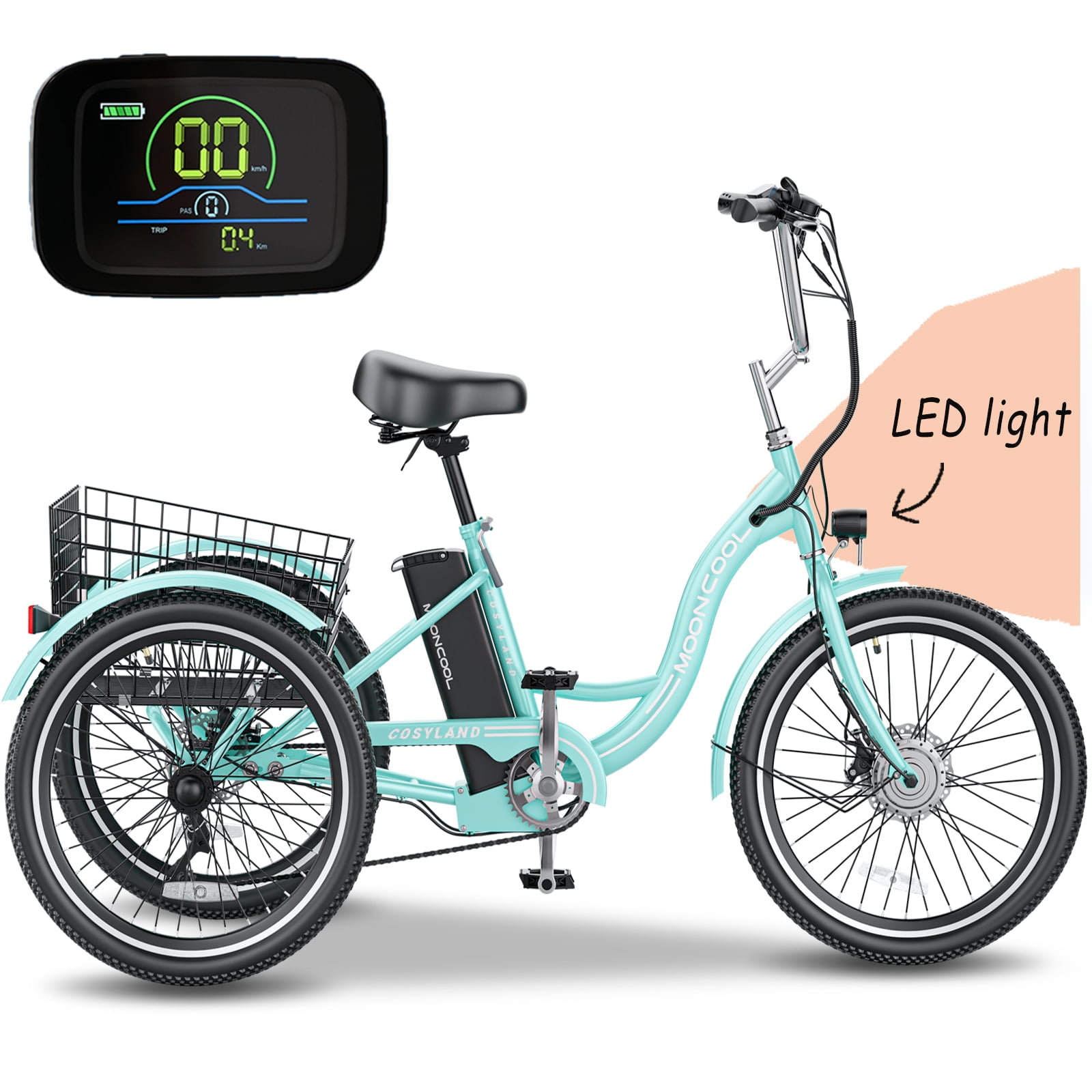 Lilypelle LCD Display Unisex Adult Tricycles, Steel, Cyan, 66 lb