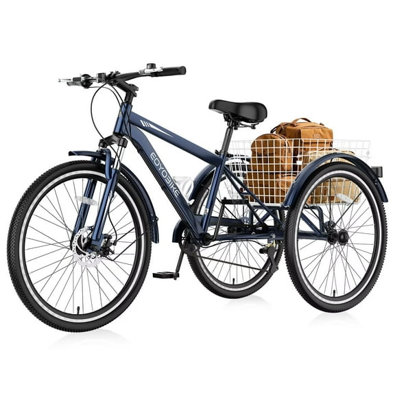 Lilypelle Mountain Tricycle for Adults, MTB 7 Speed Three Wheel Bike, 24/26/27.5 Inch Adults Trikes w/ Disc Brake & Cargo Basket for Women, Men, Seniors