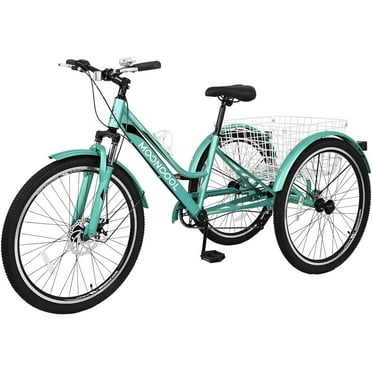 Lilypelle Mountain Tricycle for Adults, MTB 7 Speed Three Wheel Bike, Trike with Disc Brake & Cargo Basket for Women, Men, Seniors，Cyan
