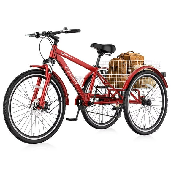 Lilypelle Mountain Tricycle for Adults, MTB 7 Speed Three Wheel Bike, 24/26/27.5 Inch Adults Trikes w/ Disc Brake & Cargo Basket for Women, Men, Seniors