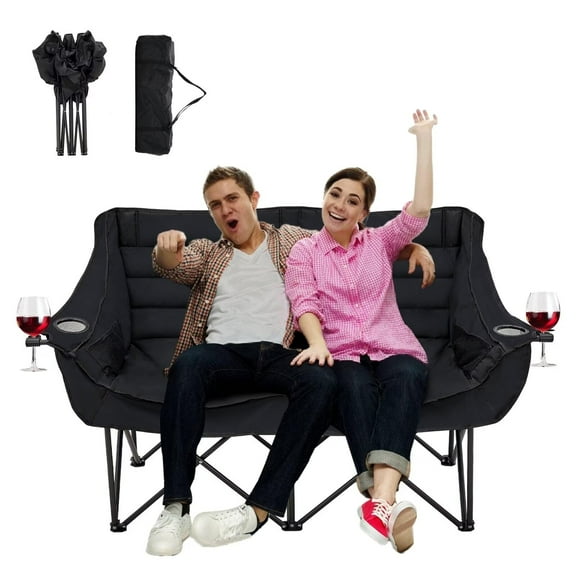 Lilypelle Oversized Double Camping Chair, Folding 2 Person Camping Chair Loveseat, Fold Up Double Camp Chair, Lawn Chairs, Camping Bench with Carrying Bag ,Black