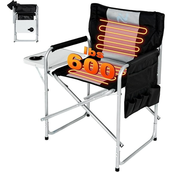 Lilypelle Oversized Heated Camping Chair, Portable Directors Chair with 3 Heat Levels, Heavy Duty Outdoor Heating Folding Chair Camp with Side Table, Pocket for Camping, Fishing, Picnic