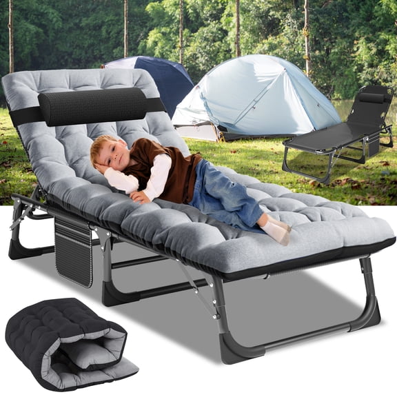 Lilypelle Portable Folding Camping Cot Bed, Adjustable 4-Position Adults Reclining Folding Chaise with Pillow, Outdoor Portable Folding Lounge Chair Sleeping Cots for Camping, Pool, Beach, Patio