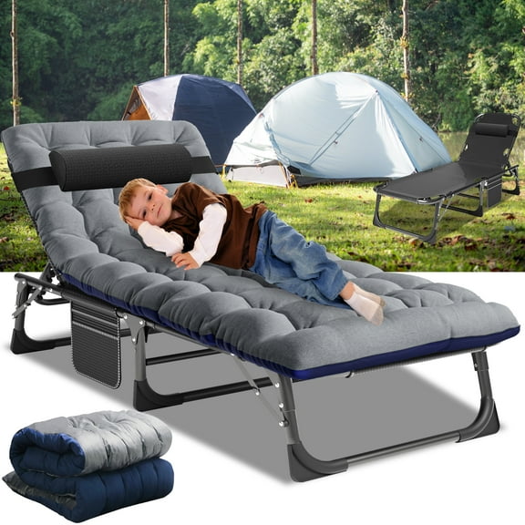 Lilypelle Portable Folding Camping Cot Bed, Adjustable 4-Position Adults Reclining Folding Chaise with Pillow, Outdoor Portable Folding Lounge Chair Sleeping Cots for Camping, Pool, Beach, Patio