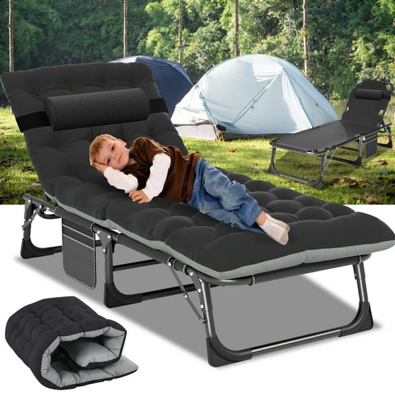 Lilypelle Portable Folding Camping Cot Bed, Adjustable 4-Position Adults Reclining Folding Chaise with Pillow, Outdoor Portable Folding Lounge Chair Sleeping Cots for Camping, Pool, Beach, Patio