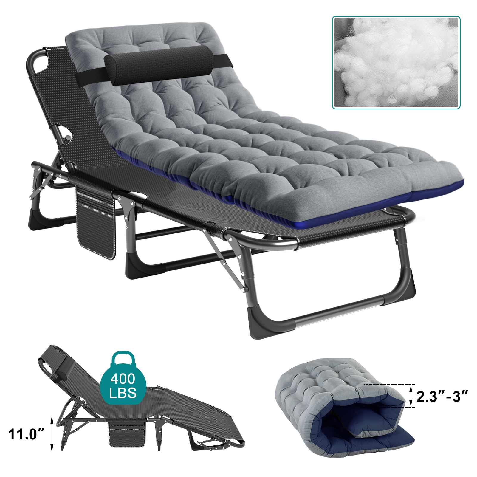 Lilypelle Portable Folding Camping Cot Bed with 2 Sided Mattress & Pillow, Adjustable 5-Position Folding Lounge Chair, Folding Cot Bed - image 1 of 9