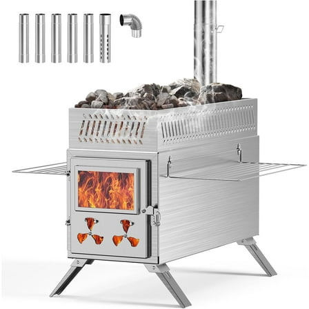 Lilypelle Portable Wood Burning Sauna Hot Tent Stove, 2 in 1 Tent Wood Burning Stove with Chimney Pipe for Outdoor Camping Heating