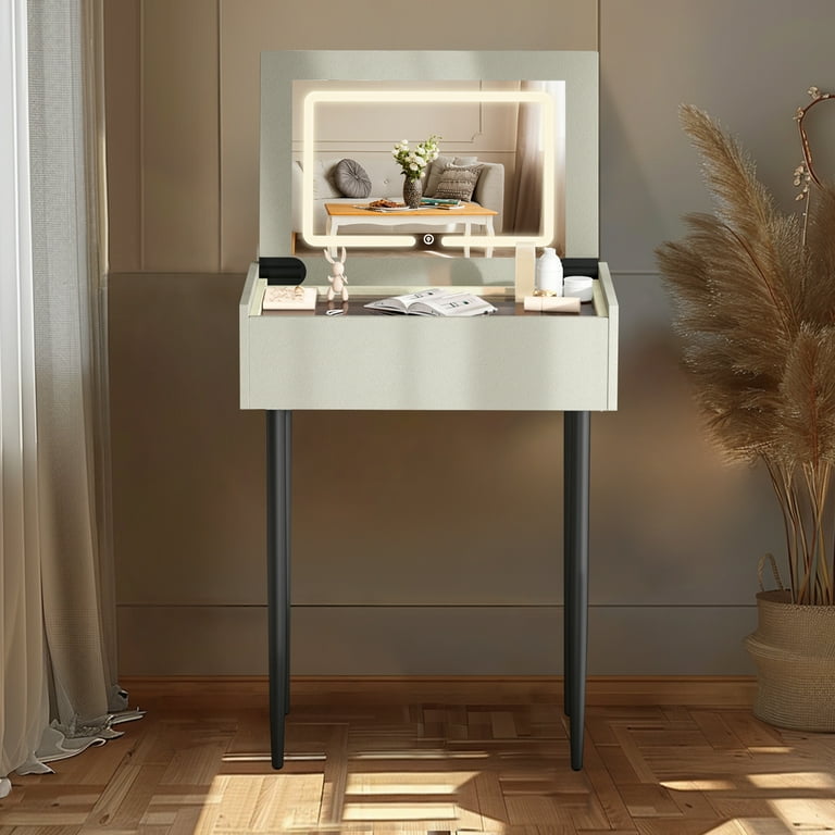 Lilypelle 2 in 1 Foldable Vanity Desk with Flip Top Lighted Mirror Compact Makeup Vanity Dressing Table for Bedroom White