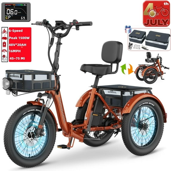 Lilypelle Electric Tricycle for Adults,Peak 1500W 48V Folding E-Mountain bike , 20" 6 Speed 3 Wheels Unisex Electric Bicycle with Front & Rear Basket, Removable 20AH Battery, LED light