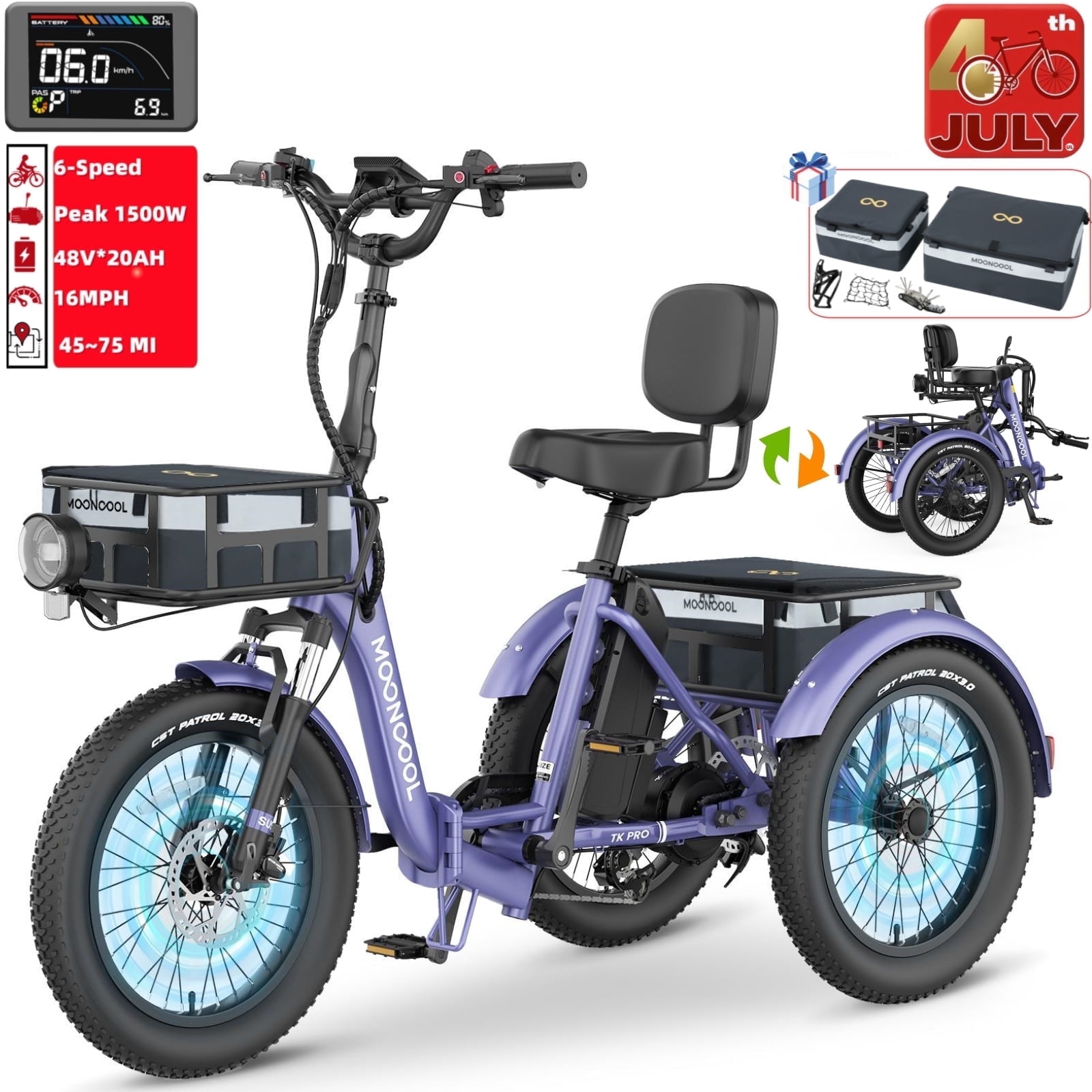 Lilypelle Electric Tricycle for Adults,Peak 1500W 48V Folding E-Mountain bike , 20" 6 Speed 3 Wheels Unisex Electric Bicycle with Front & Rear Basket, Removable 20AH Battery, LED light