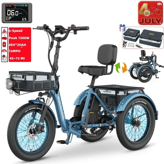 Lilypelle Electric Tricycle for Adults,Peak 1500W 48V Folding E-Mountain bike , 20" 6 Speed 3 Wheels Unisex Electric Bicycle with Front & Rear Basket, Removable 20AH Battery, LED light