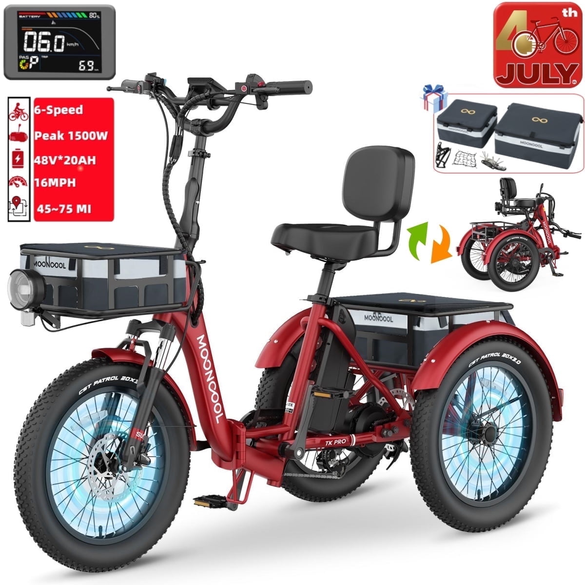 Lilypelle Electric Tricycle for Adults,Peak 1500W 48V Folding E-Mountain bike , 20" 6 Speed 3 Wheels Unisex Electric Bicycle with Front & Rear Basket, Removable 20AH Battery, LED light