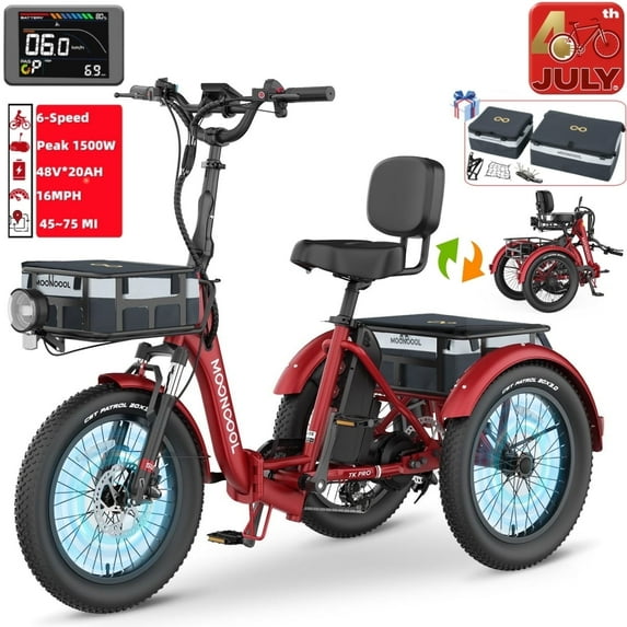 Lilypelle Electric Tricycle for Adults,Peak 1500W 48V Folding E-Mountain bike , 20" 6 Speed 3 Wheels Unisex Electric Bicycle with Front & Rear Basket, Removable 20AH Battery, LED light