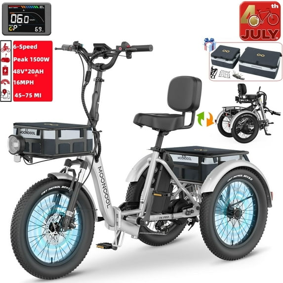 Lilypelle Electric Tricycle for Adults,Peak 1500W 48V Folding E-Mountain bike , 20" 6 Speed 3 Wheels Unisex Electric Bicycle with Front & Rear Basket, Removable 20AH Battery, LED light